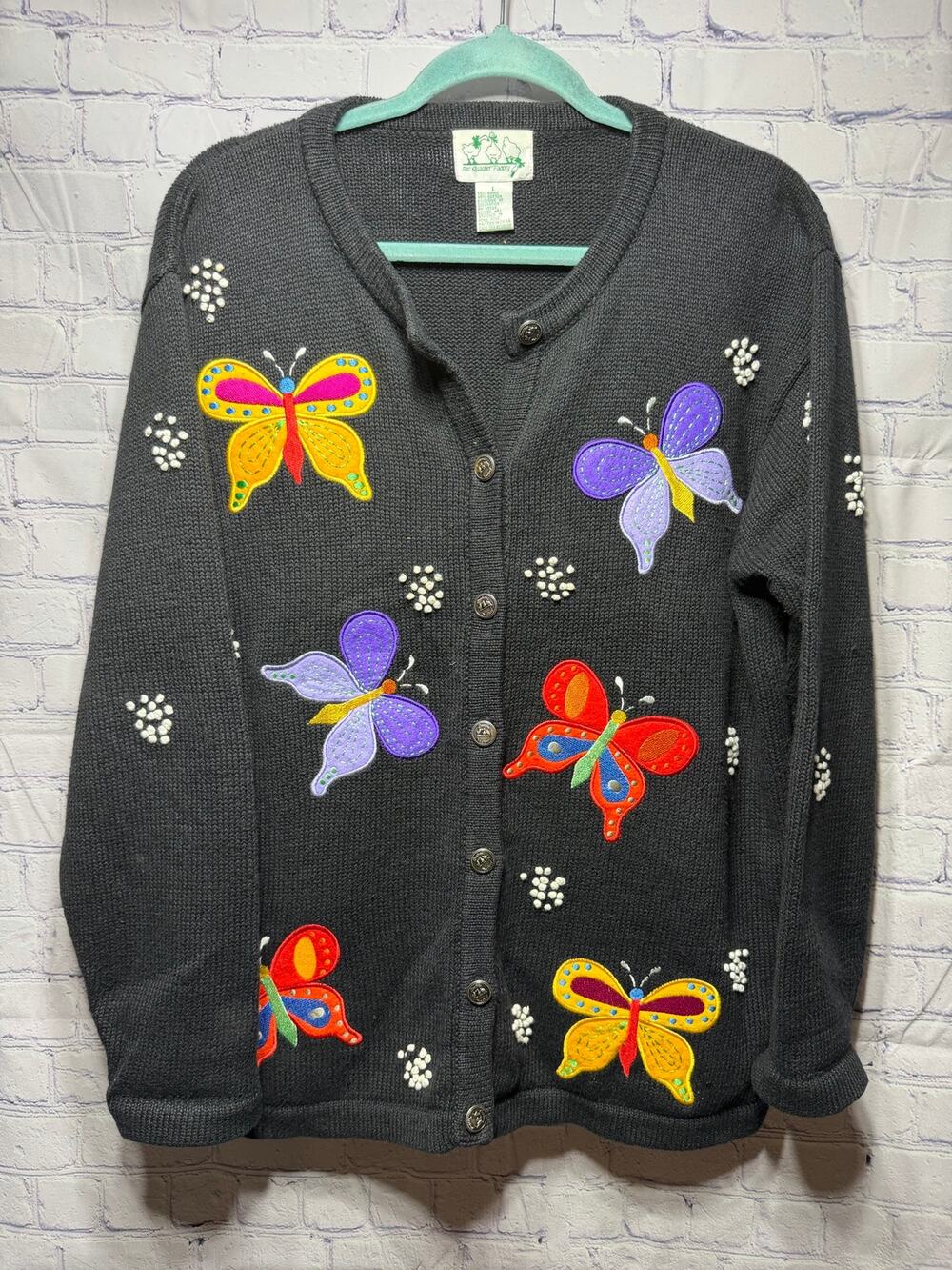 The Quacker Factory Butterfly Embroidered Knit Cardigan Sz L Chunky Old Money